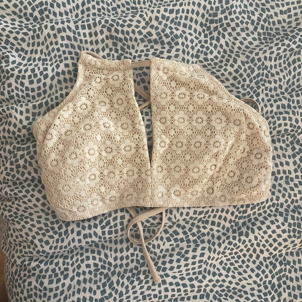 Cream, flower high neck bathing suit top